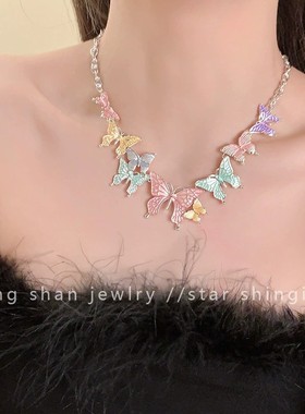AA6684春日暗黑蝴蝶项链·孤品套装耳钉女复古亚文化锁骨链毛衣链