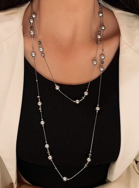 灰色满天星珍珠项链女轻奢小众高级感长款毛衣链锁骨颈链