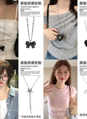 韩系原创ins小众设计黑色波点蝴蝶结项链简约百搭毛衣链配饰长款