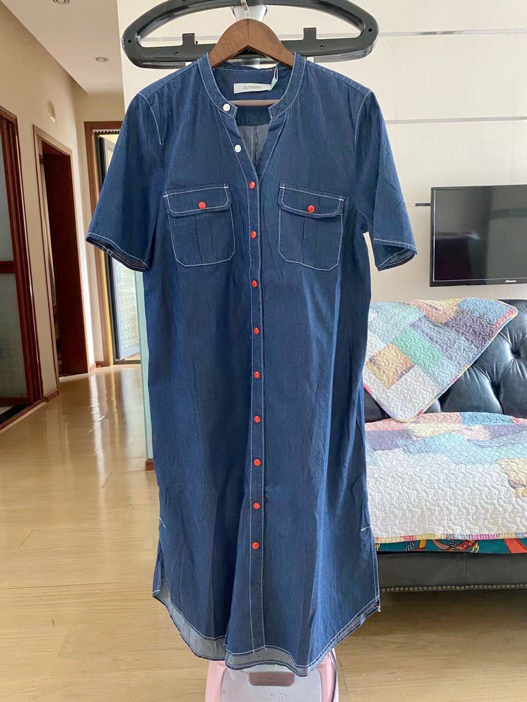 十月孕妇装18113119 半袖连衣裙孕妇裙前开扣可哺乳水洗牛仔