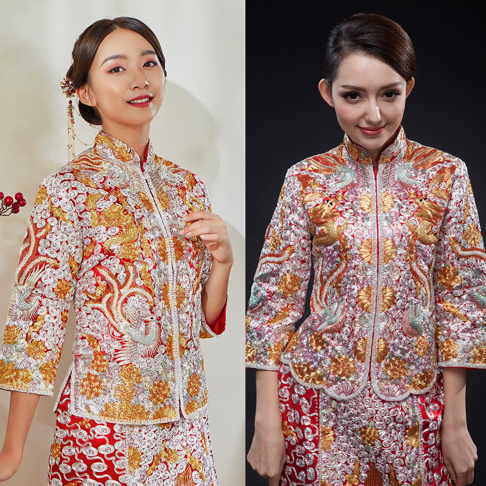 03豪华水晶褂后手工金银线绣双喜龙凤裙褂敬酒新娘结婚红色礼服租