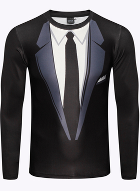 3D紧身假两件西装男装上衣潮 创意假腹肌印花长袖t恤衫男韩版修身