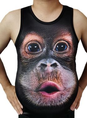 搞笑大嘴猩猩背心男肌肉印花3D动物猴子图案t恤大码衣服无袖马甲
