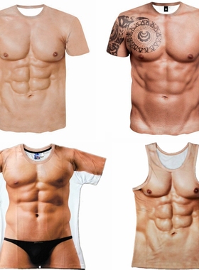 男夏隐形立体腹肌衣假肌肉内衣3d逼真衣服t恤背心八块腹肌神器瘦