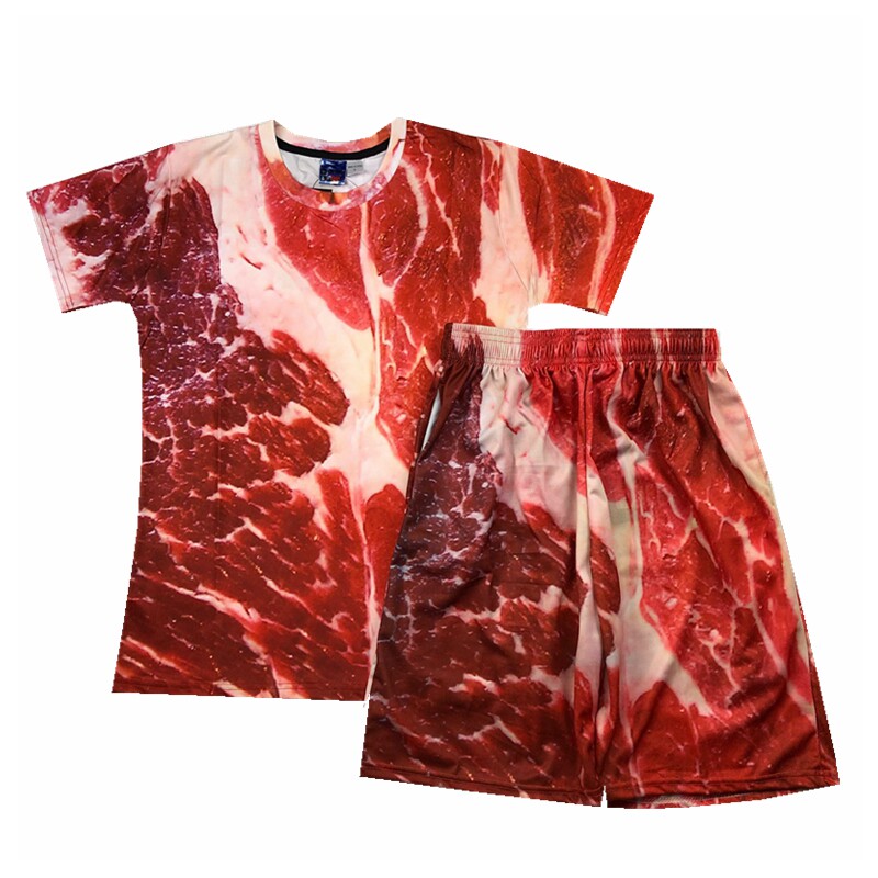 创意肥肉T恤假腹肌肉男装搞笑短袖T恤衫男装3D印花五花肉猪肉衣服