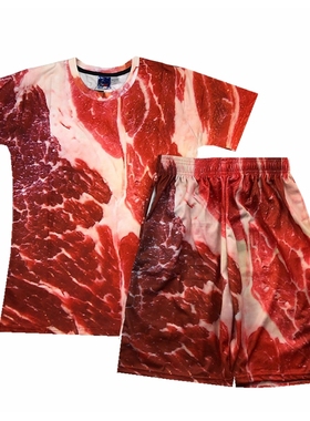 创意肥肉T恤假腹肌肉男装搞笑短袖T恤衫男装3D印花五花肉猪肉衣服