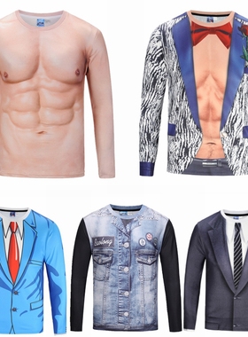 西服印花假两件西装领带男士整蛊衫年会搞笑肌肉长袖t恤修身上衣