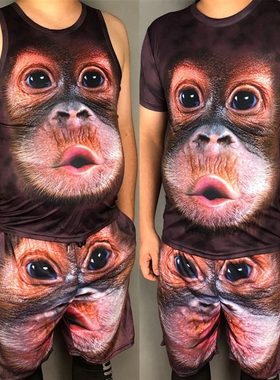 抖音 猩猩T恤男短裤套装夏季潮男两件套大码短袖搞笑图案猴子套装