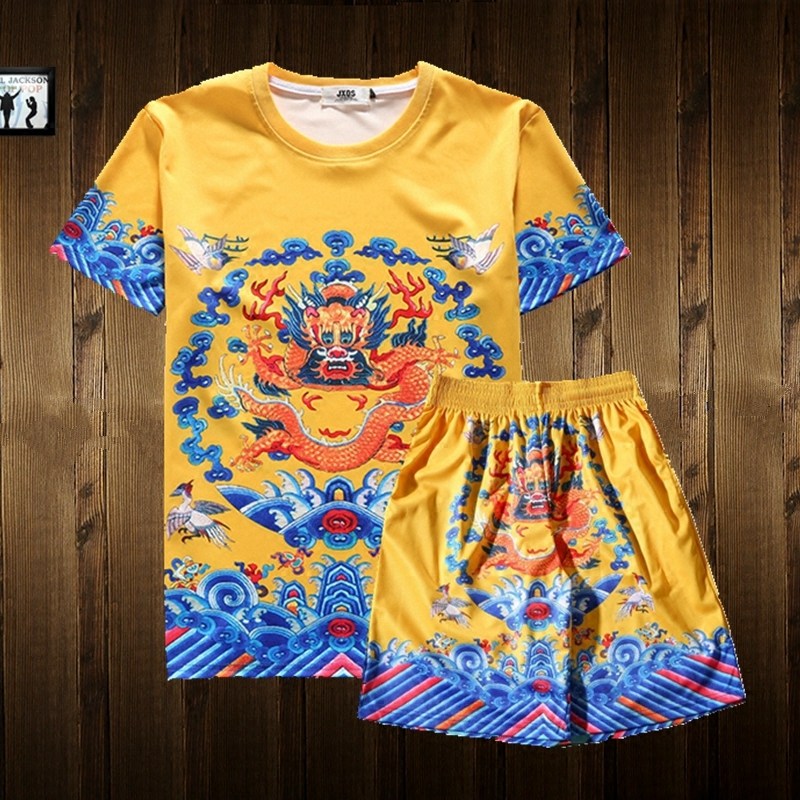 中国风清朝官服皇帝服装龙袍衣服古装男士夏装印花短袖T恤大码