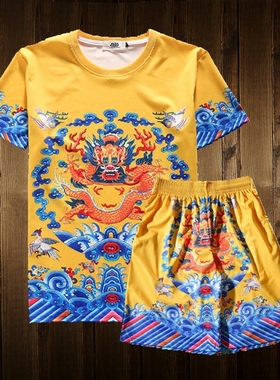 中国风清朝官服皇帝服装龙袍衣服古装男士夏装印花短袖T恤大码