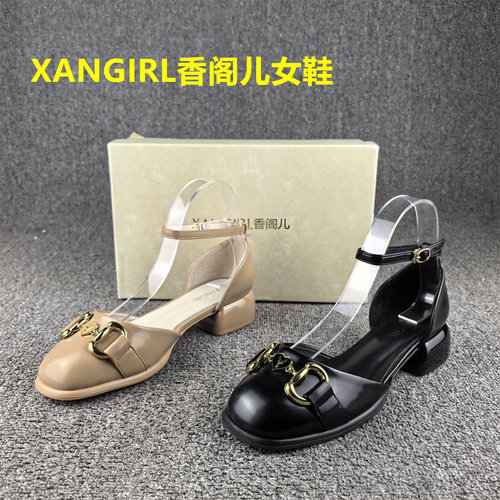 断码清仓处理时尚包头中空凉鞋女夏季浅口平跟一字搭扣女凉鞋真皮
