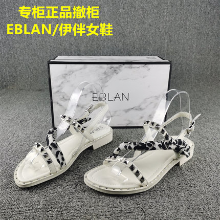 正品商场撤柜处理牛皮伊伴凉鞋女夏季款一字带平底中空凉鞋女真皮