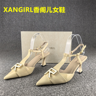 法式时尚牛漆皮包头中空凉鞋女夏季款浅口高跟一字搭扣女凉鞋真皮