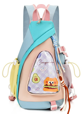 防水儿童单肩斜挎包女孩少女拼色胸包 出游户外多功能双肩手提包