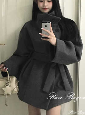 法国Rixo Roger 秋冬新款韩系灰色立领中长款系带收腰毛呢外套女
