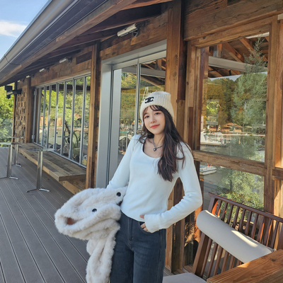 纯色卷边方领针织上衣打底衫修身