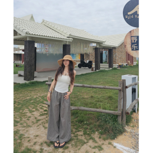 复古格子裤废土风韩版甜美阔腿裤休闲裤女慵懒风夏季薄款宽松时尚