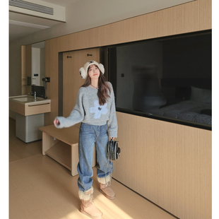 MISS158小个子加绒美式复古高腰牛仔拖地裤女冬季百搭显瘦阔腿裤