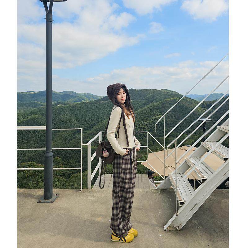 蓝色格子阔腿裤女2024秋冬新款高腰显瘦直筒宽松休闲长裤拖地裤,女装/女士精品,休闲裤,淘宝优惠券,粉丝福利购,淘宝优惠卷