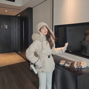 羽绒服女中长款收腰显瘦小个子韩版修身90白鸭绒大毛领冬装外套潮