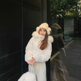 小个子90白鸭绒羽绒服短款收腰冬季狐狸毛大毛领连帽加厚时尚洋气