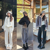 韩系慵懒感拖地裤 小个子冬加绒糯米裤 女垂感显瘦抽绳直筒休闲裤