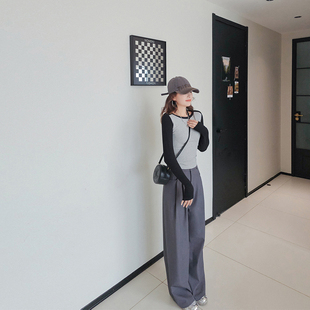 新款 小个子直筒阔腿裤 女2025秋季 裤 高腰垂感 设计感黑色休闲西装