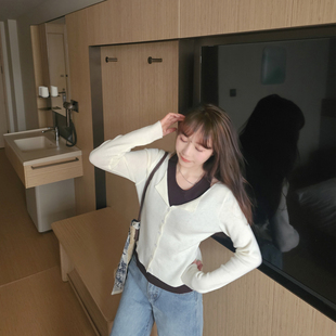 新款 女2026春季 显瘦上衣 针织衫 小个子拼接撞色U领假两件长袖