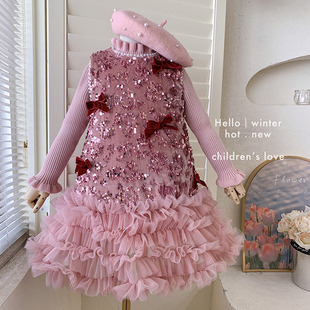 无袖 女童针织上衣 加绒蝴蝶结连衣裙25D049 蝴蝶结小姐 25秋冬