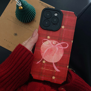 平安顺遂 原创2026新年红色蝴蝶结苹果手机壳17promax格子iphone16小米17防摔软壳华为mate70pura80vivoX300