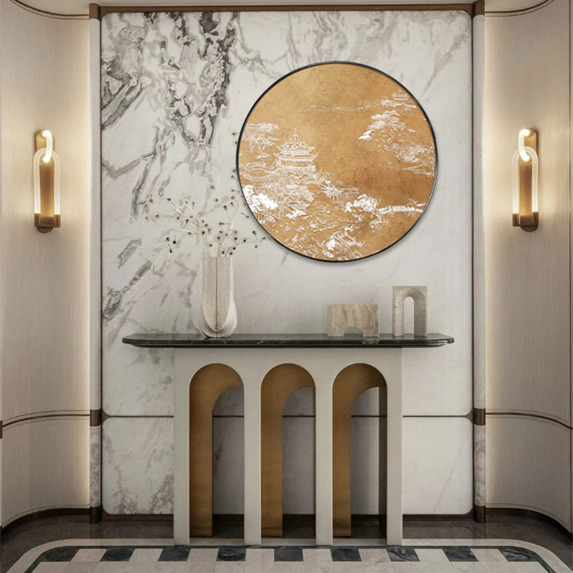 新中式圆形山水画客厅装饰3d立体浮雕肌理画餐厅走廊过道玄关挂画图片