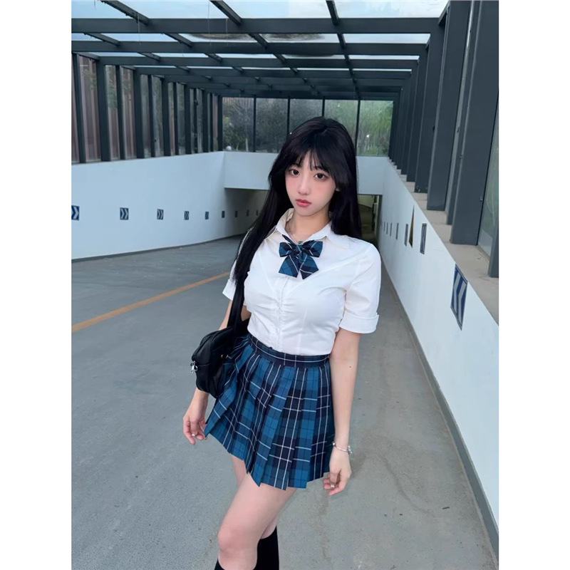 JK制服白色收腰衬衫女夏季学院风修身短袖衬衣大澜格裙百褶裙