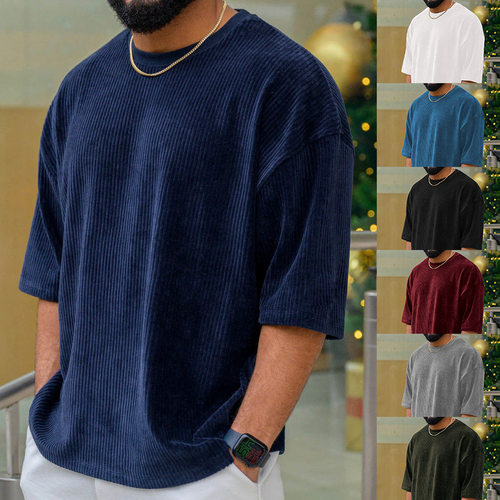 High-grade Pit Strip Vertical T-shirt Shorts rduroy Thin Rou