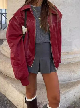 Wind Lapel Zipper Pu Leather Jacket Short Silhouette Oversiz
