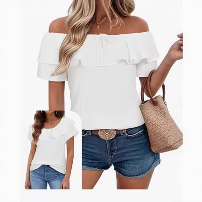 Women's Off-shoulder llar Casual Pleated Short Sleeve Chiffo