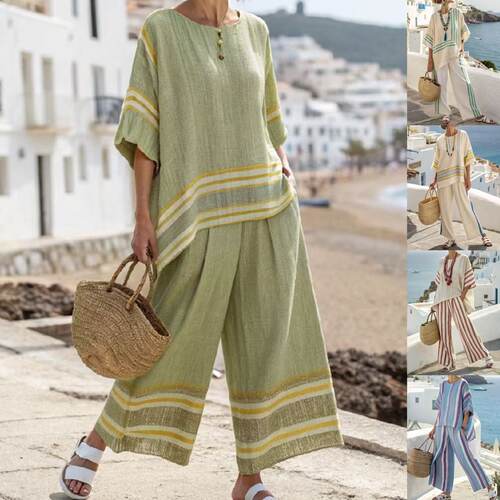 Women's Striped lor Stitching Mid-sleeve Round Neck Straight