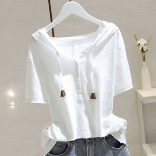 tton Hooded Short-sleeved T-shirt Women's 2026 Loose Slimmin