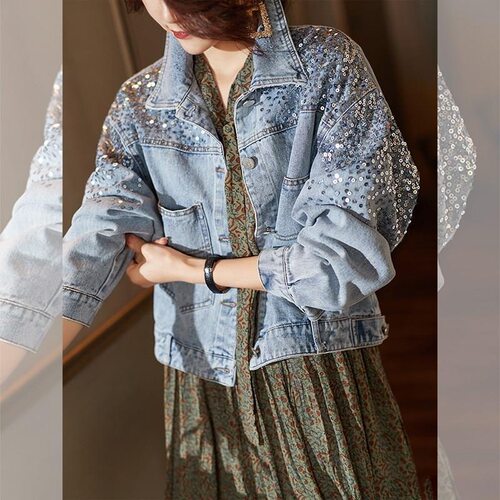 2026 Fashion Sequined Denim Jacket For Women Short Style Sma