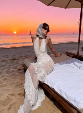 Hallneck Skirt Deep V Stitching See-through Backless Sexy 20