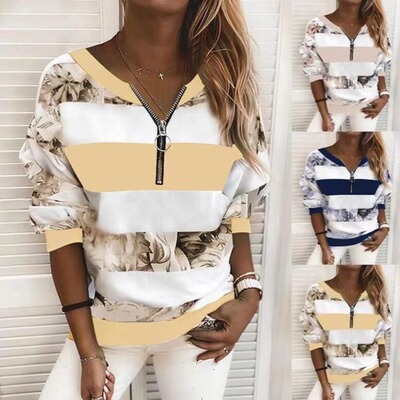 2026 Women's Casual T-shirt With Stripes, Digital Print, And