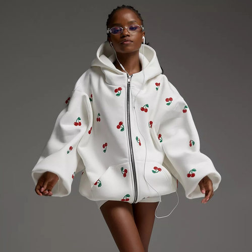 Cherry-printed Jacket, Women’s Sreet-style Loose-fitting Ve