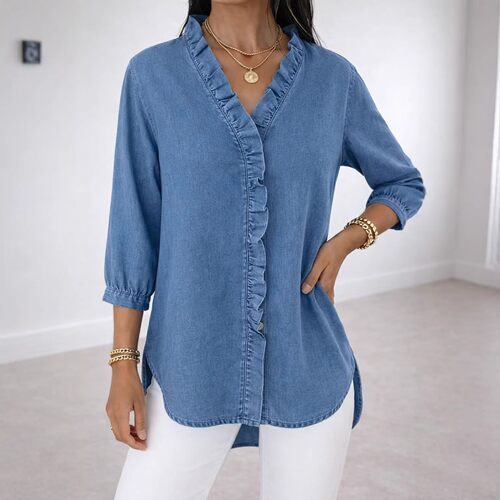 2026 Women’s Casual Denim-style V-neck With Ruffled Hem