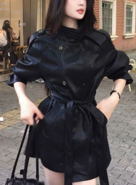 Women's Mid-length Korean Style Fashionable Stand llar Leath