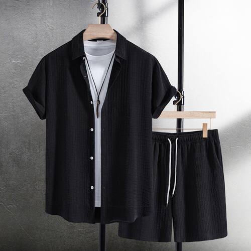 2025 Men's Casual Fashion Jacquard Short Sleeve Shorts Suit