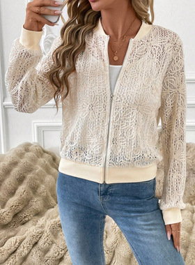 2026 Elegant Lace Spliced Baseball llar Jacket For Women