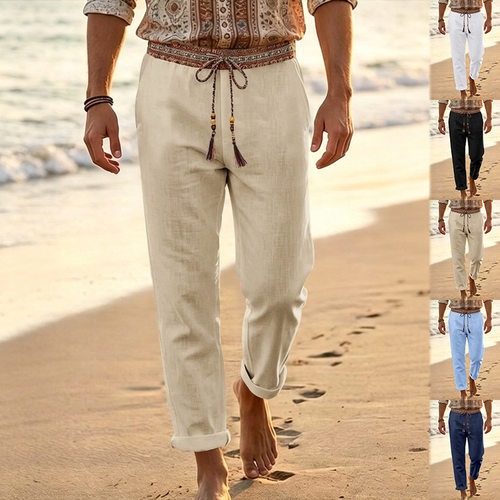 Men's Casual Linen uple Trousers Loose Bohemian Straight Leg