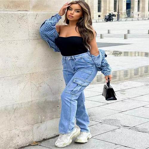 Working Women's Website Hot Sale Multi-pocket Denim Wide-leg