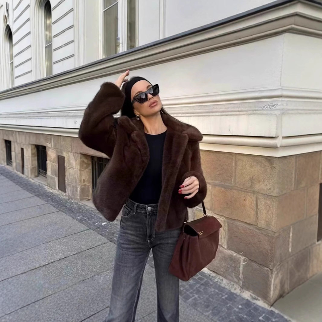 2026 Women's Fashion Brown at Short Lapel Jacket Fur at图片