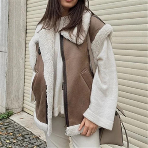 Sreet Style Lapel Fur Integrated Vest Top For Women Loose An