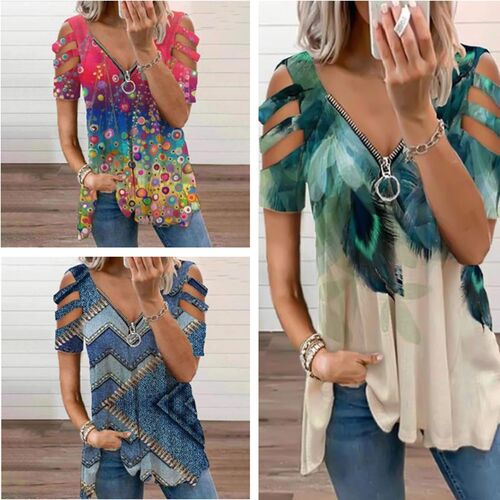 2026 Printed Zipper V-neck T-shirt Pullover Short Sleeve Loo